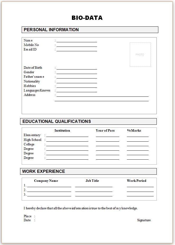 Good Bio Data Formats for Job & marriage - Word Free Download