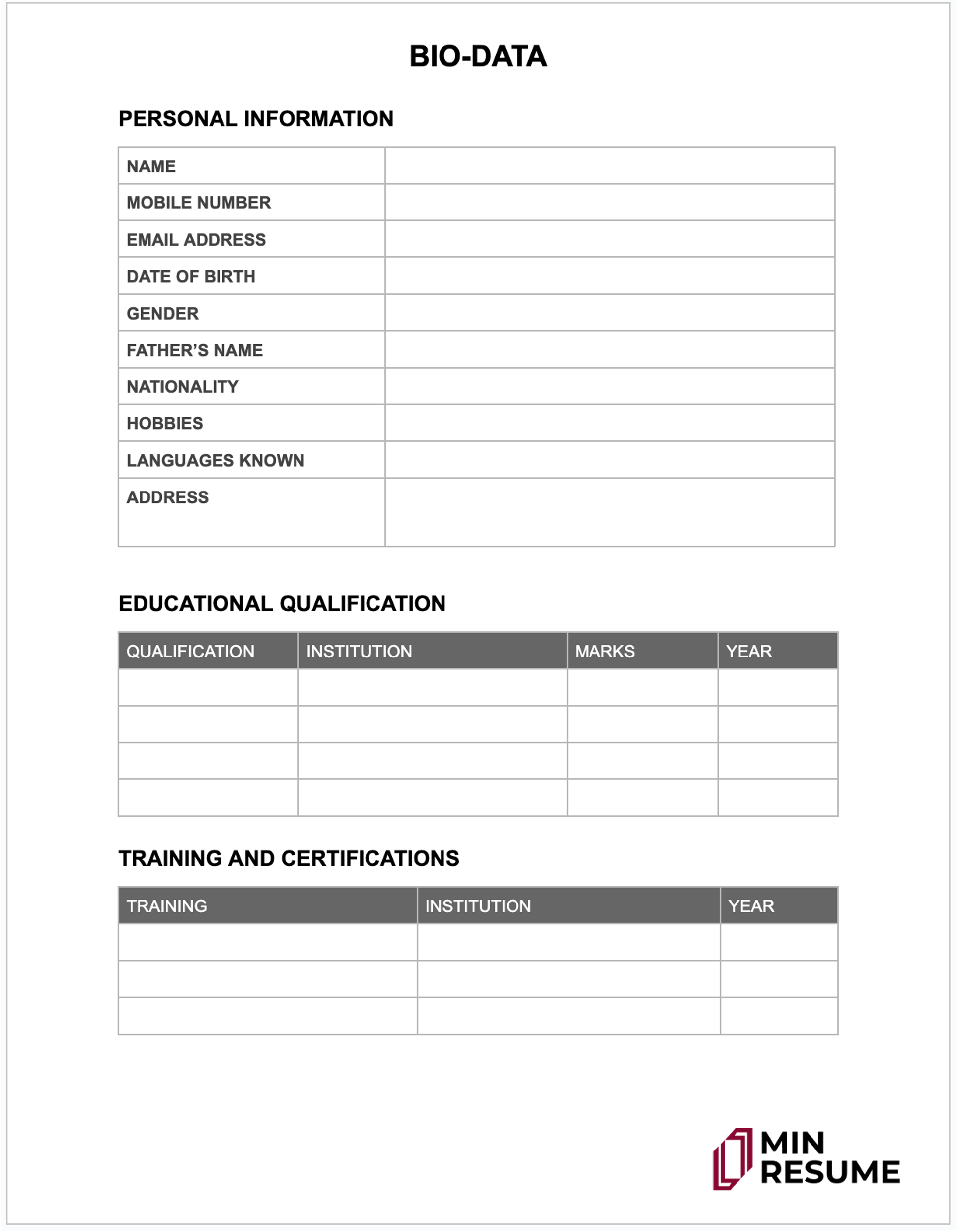 Template of Biodata format for jobs for freshers on google docs