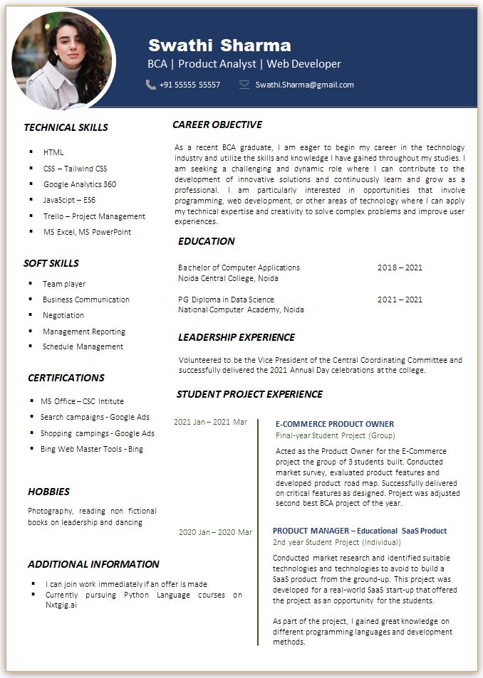 BCA Fresher / Experienced Resume Format Image