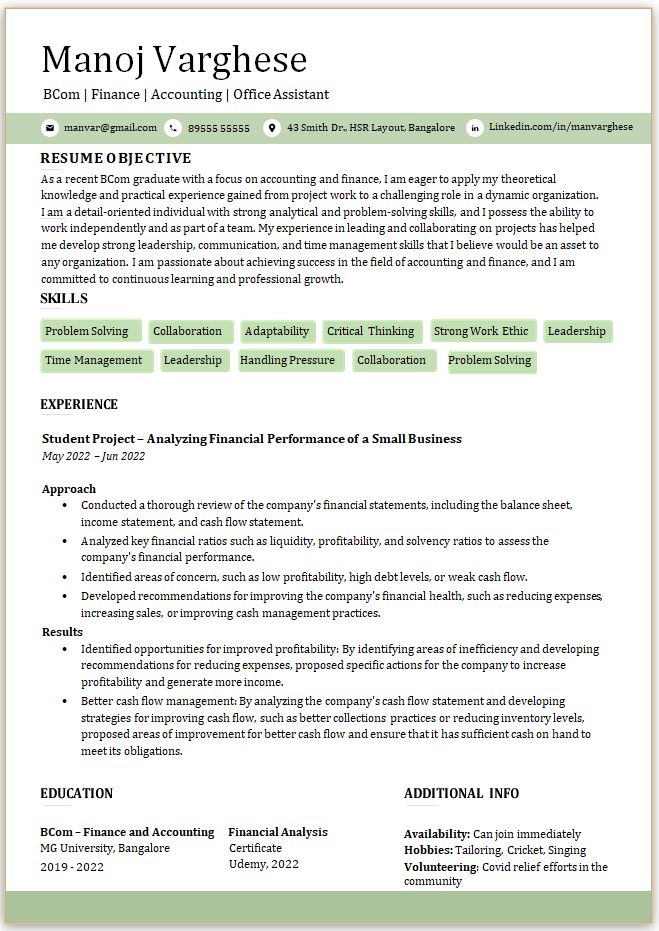 BCom Fresher resume format