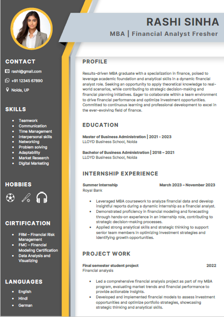 MBA Finance Fresher resume format