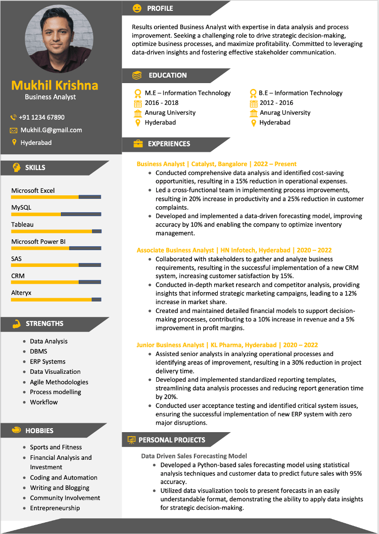 BE IT Business Analyst Sample resume illustration