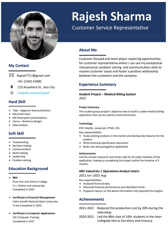 BCA BBA BCom Fresher resume illustration