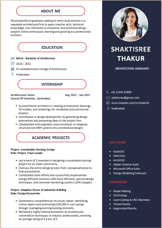 BArch Fresher Sample resume format