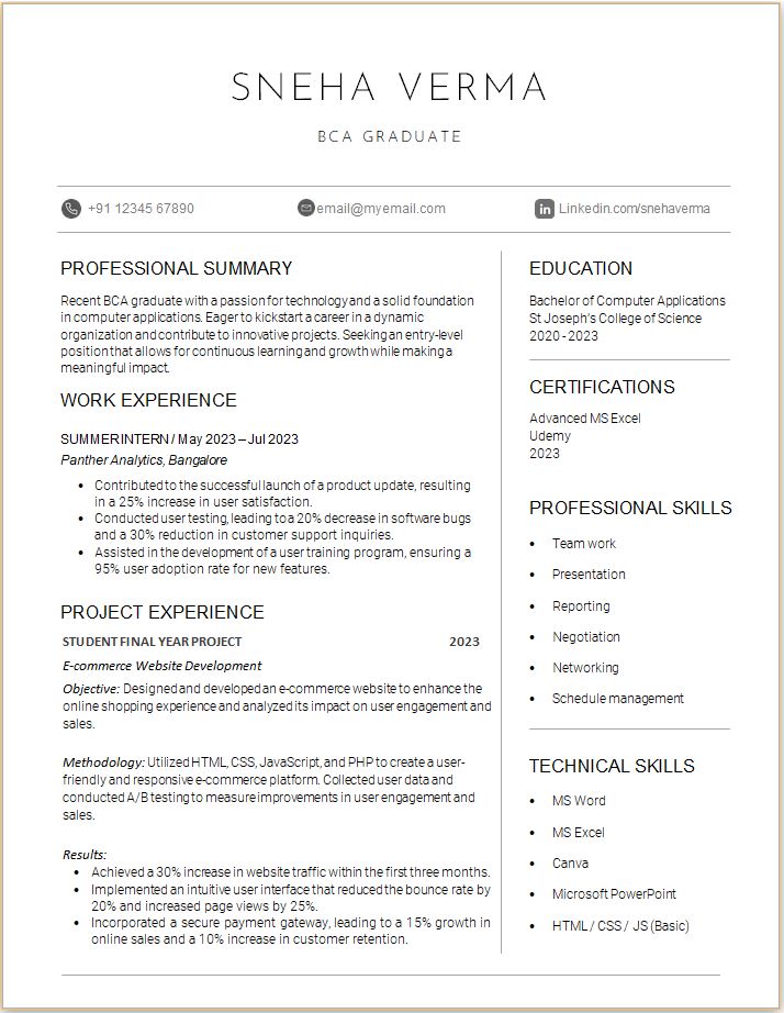 BCA Freshers Sample resume format