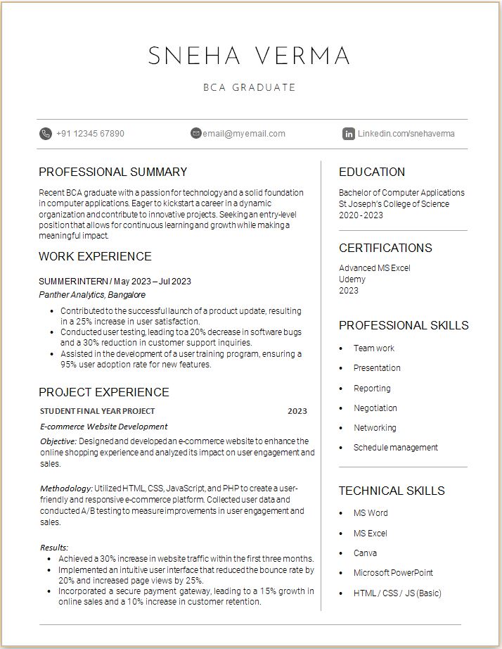 BCA Freshers Sample resume illustration