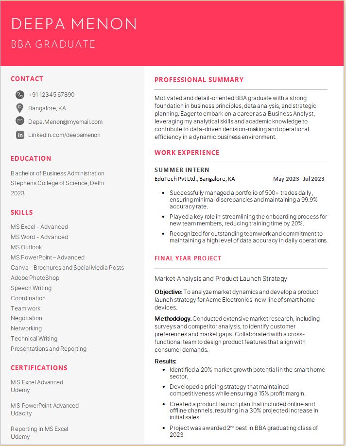 Modern BBA Fresher MS Word Sample resume format