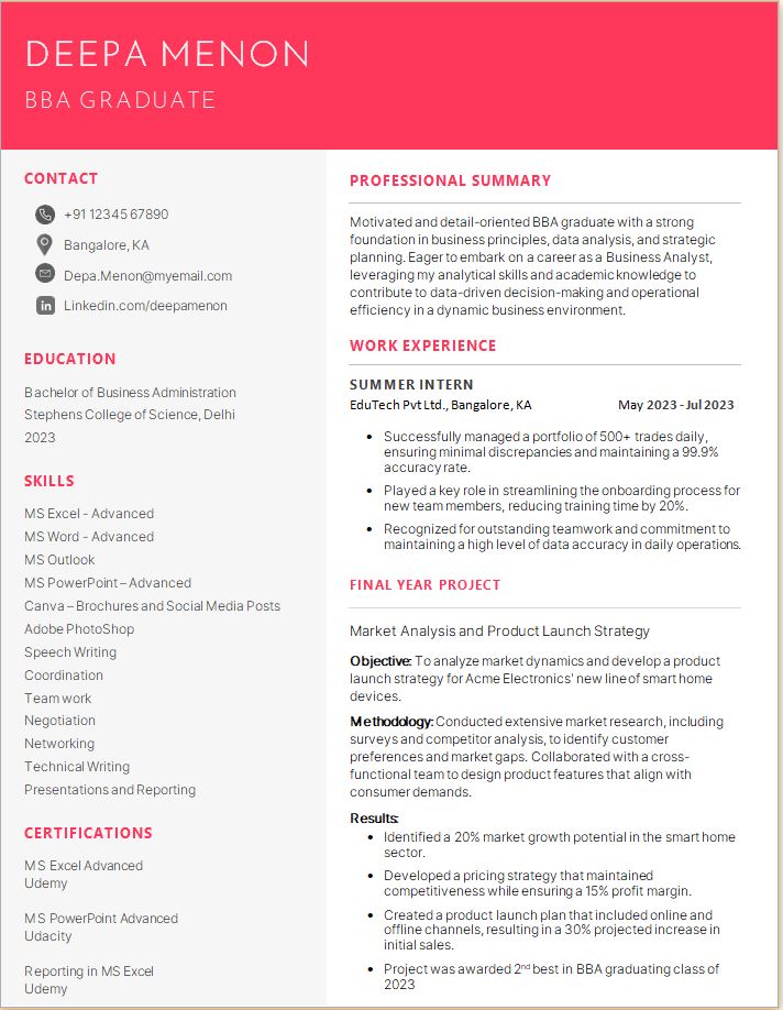 Modern BBA Fresher MS Word Sample resume illustration