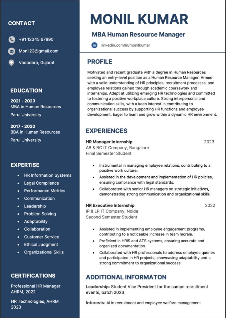 MBA HR Fresher Sample in MS Word resume illustration