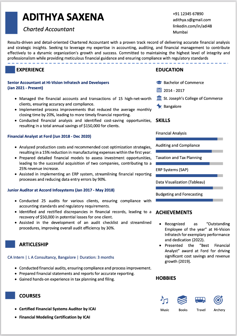 Chartered Accountant Sample resume illustration