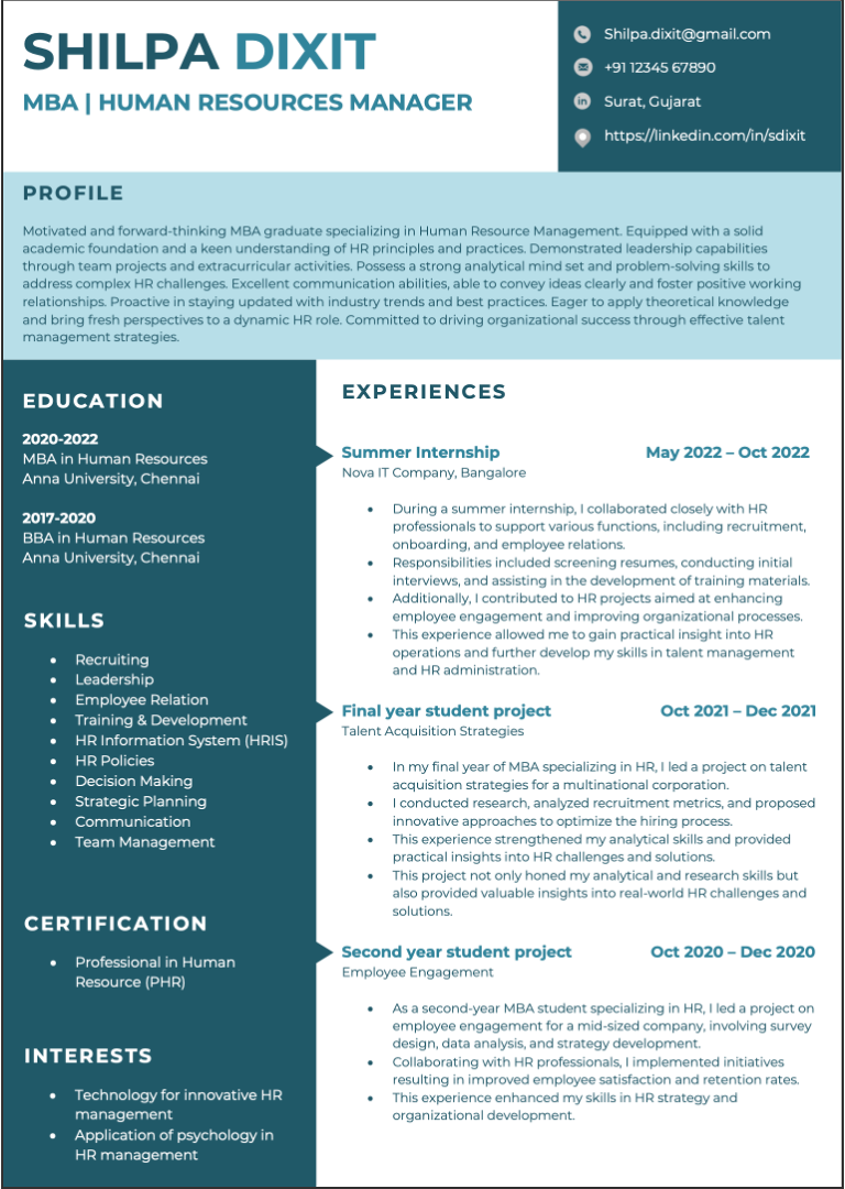 MS Word MBA HR Fresher Example resume illustration