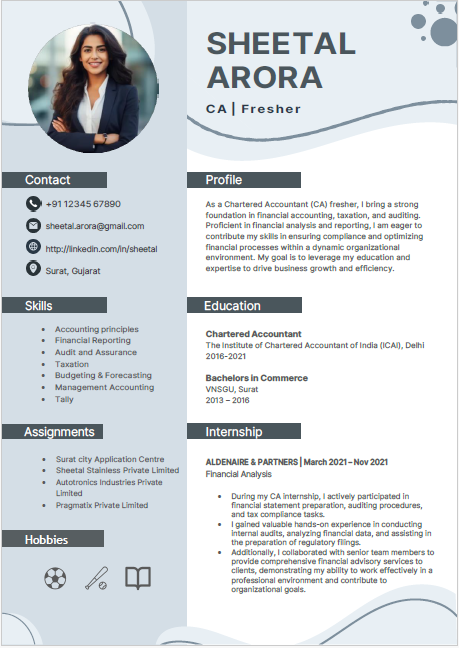CA Fresher Sample resume format