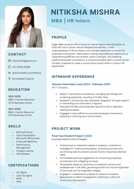 MBA HR Fresher resume format