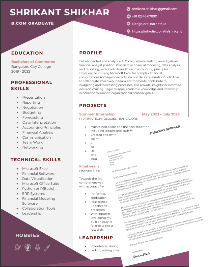 BCom BCA BBA Cover letter and sample resume format