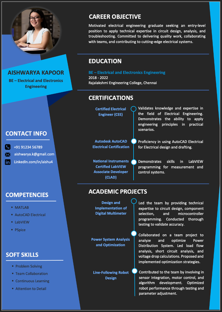 BE Electrical and Electronics Engineering resume illustration