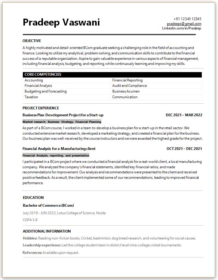 BCom Fresher resume format