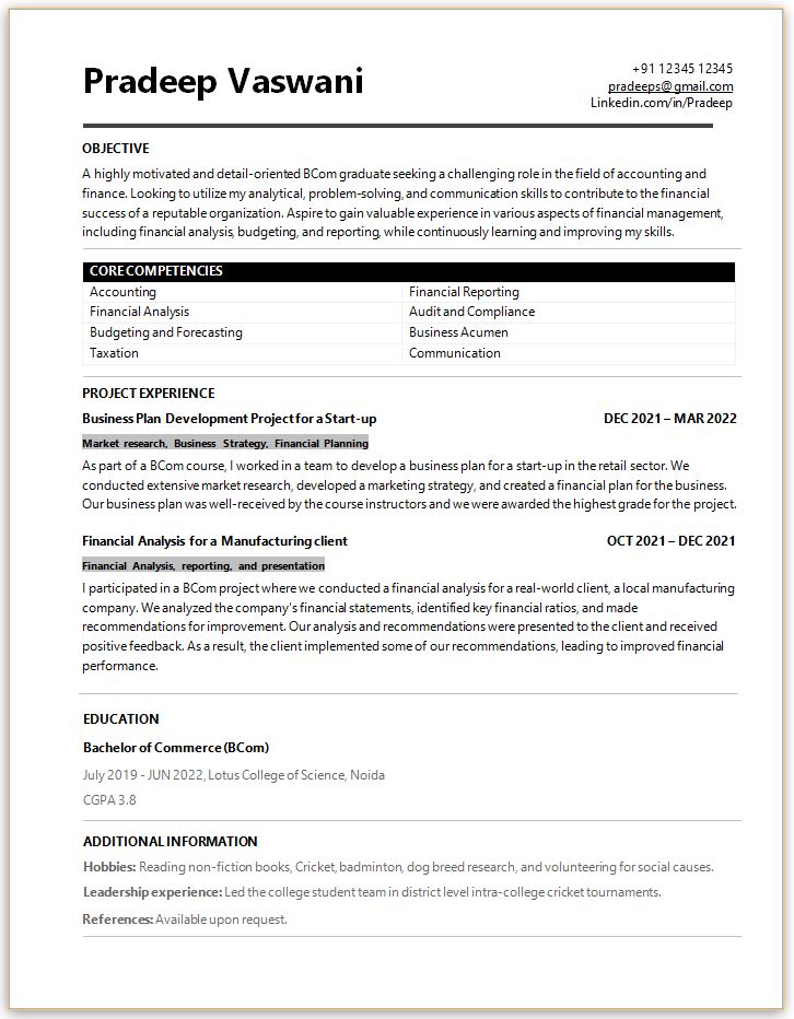 BCom Fresher Best Resume Format