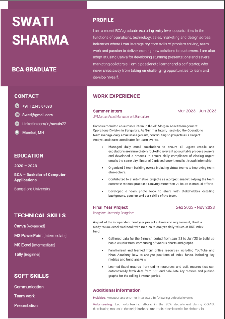 BCA Fresher Sample MS Word resume format