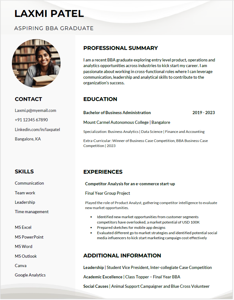 BBA BCA Fresher resume illustration