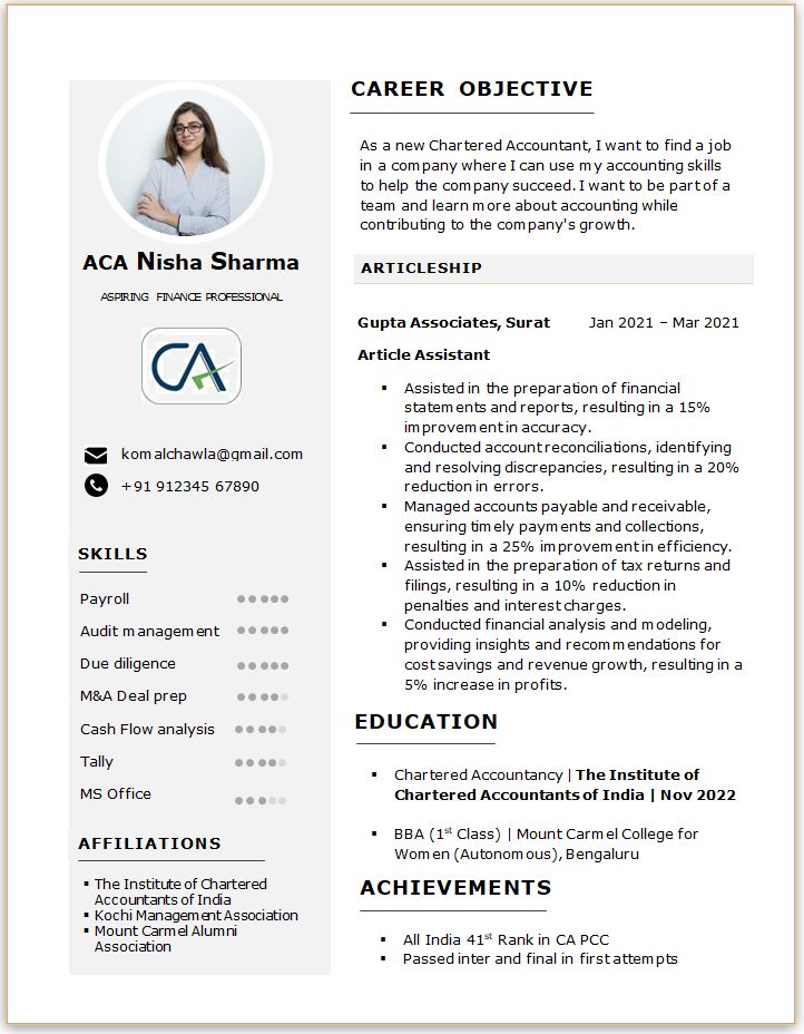 CA Articleship best resume format