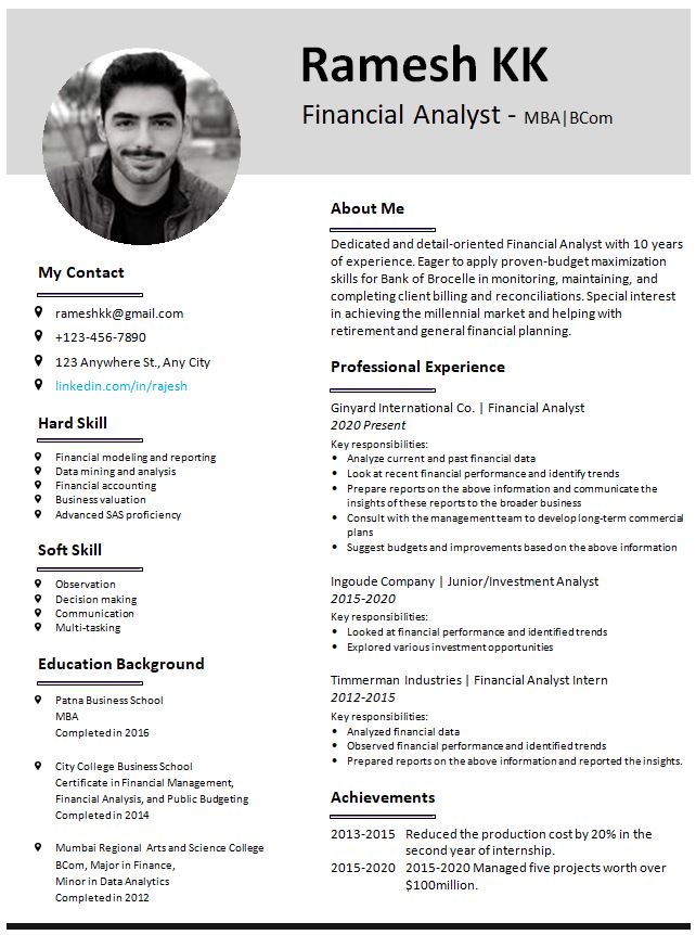 MBA Finance Experienced resume illustration