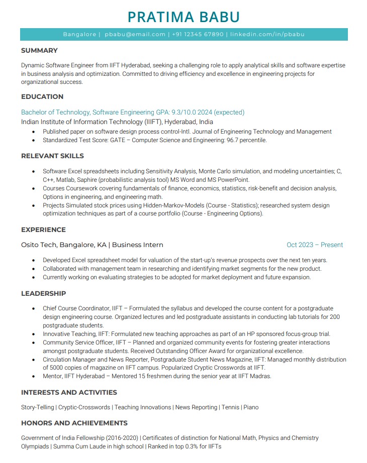 BTech Intern Sample Template resume format