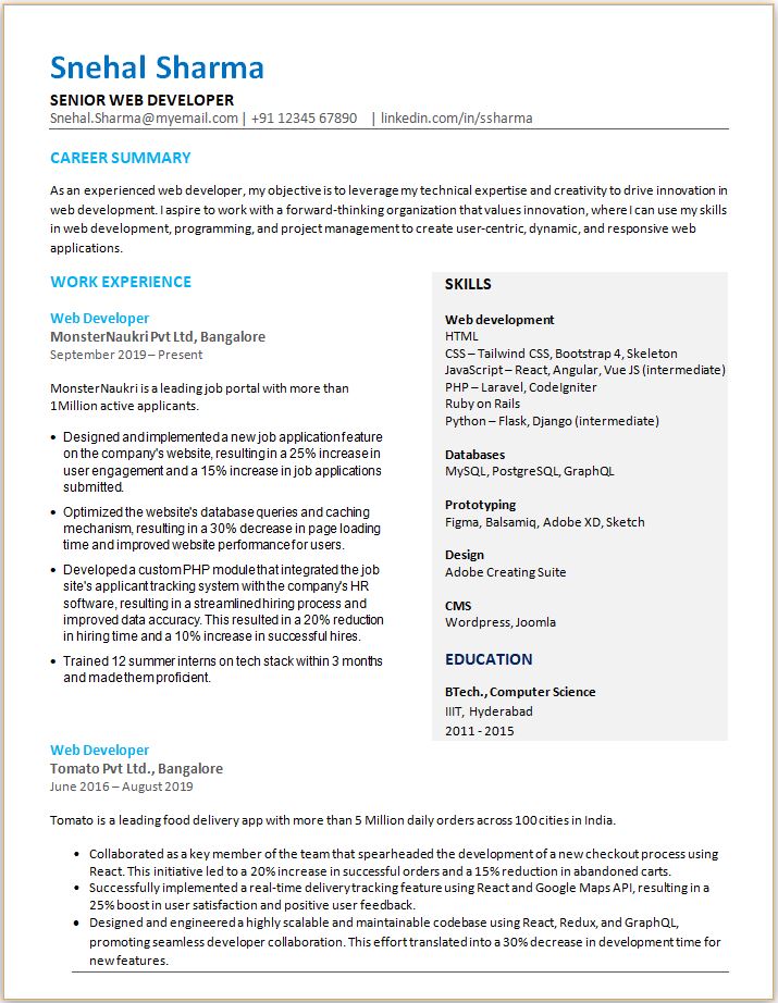 Experienced Web Developer resume format