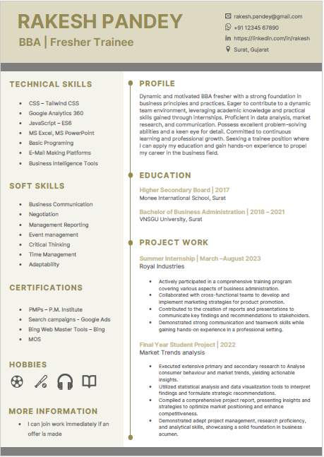 BBA Graduate Fresher resume format