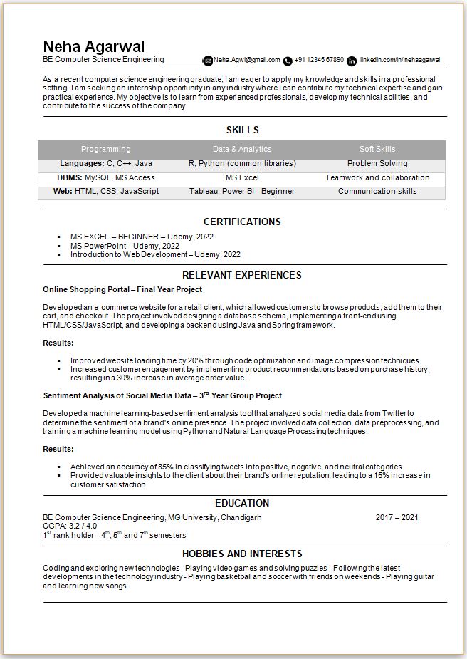BE Computer Science Fresher resume format