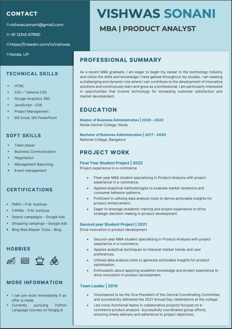 MBA Product Analyst Fresher resume format