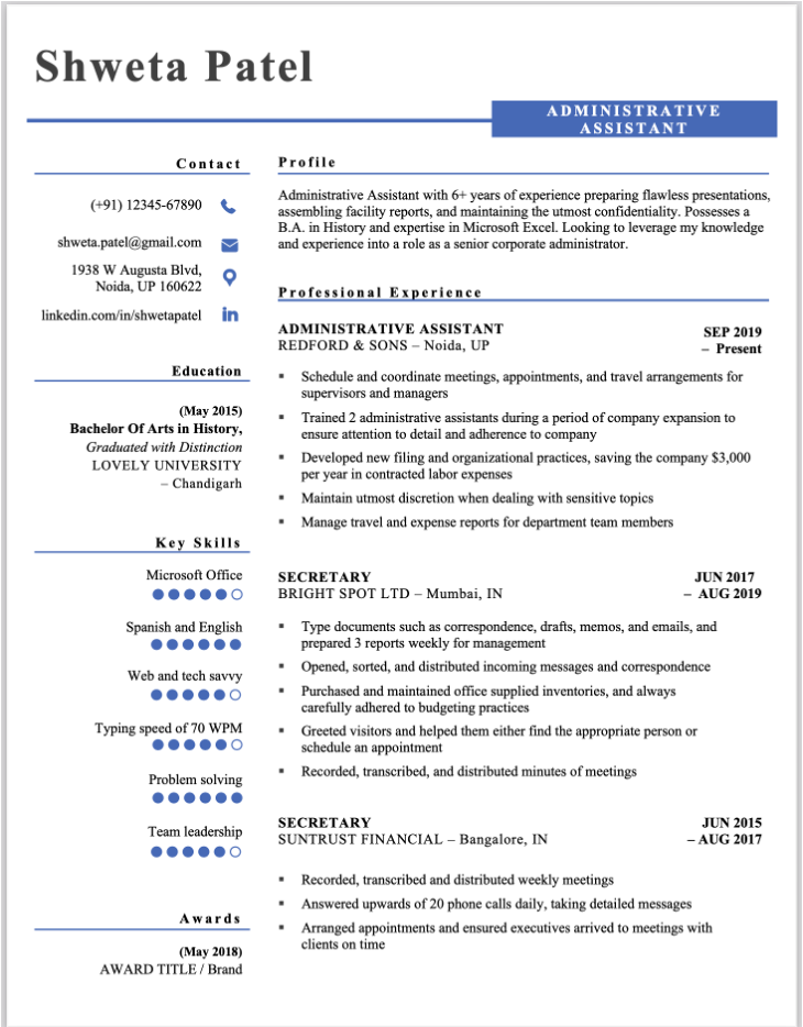 BA History Experienced resume format