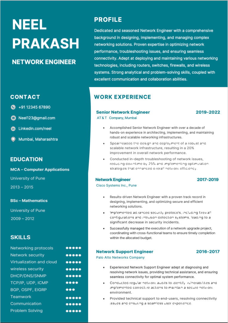 MCA Network Engineer Sample resume illustration