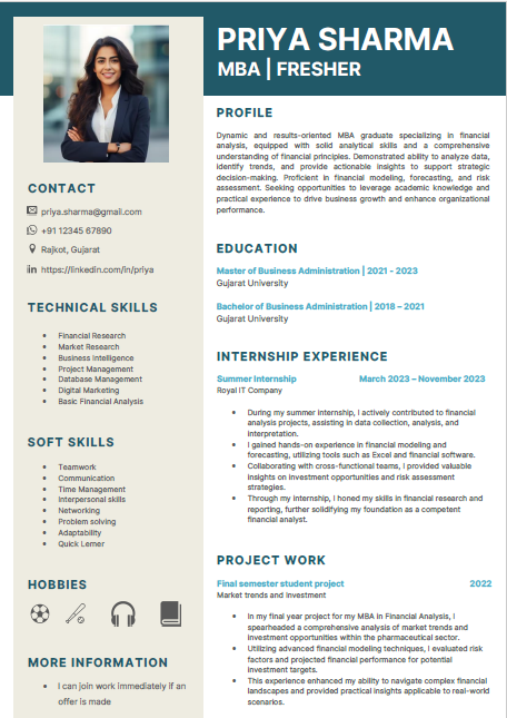 MBA Fresher resume format