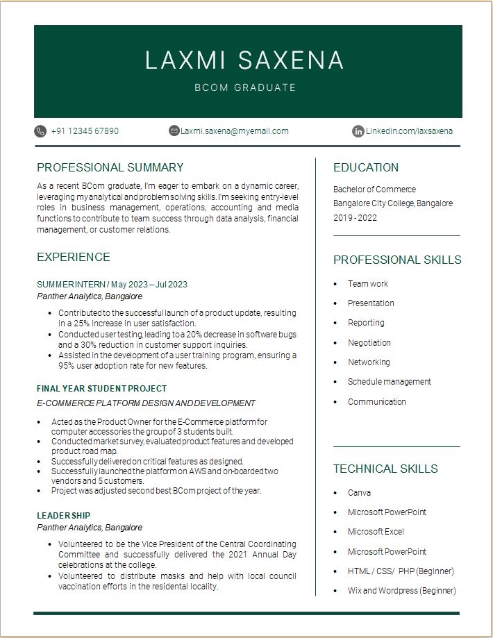 Simple BCom Fresher Sample Template resume format