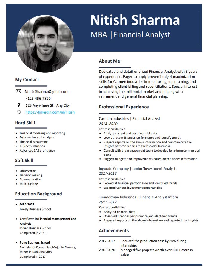 MBA Finance resume format