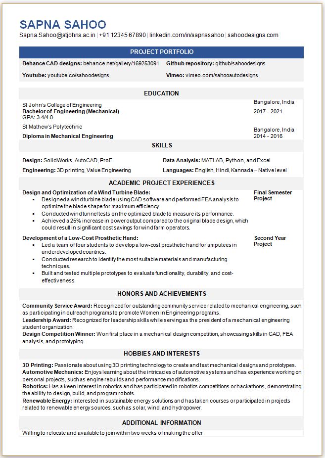 BE Mechanical Engineering resume format